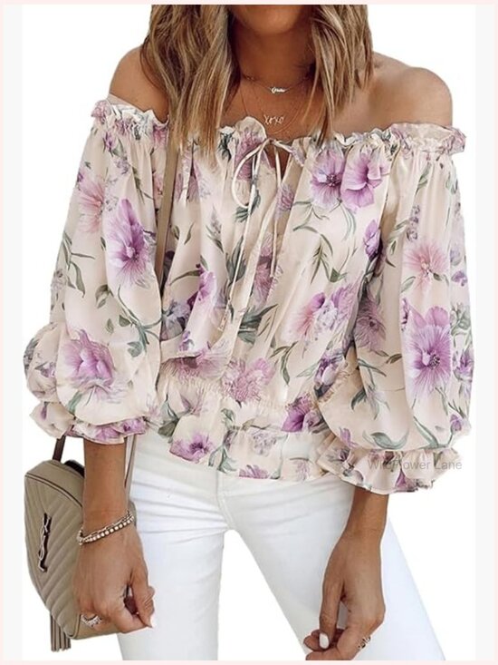 Tops - Off Shoulder Ruffle Sleeve Blouse Floral Chiffon Top